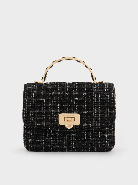 CHARLES & KEITH Popular | Cressida Tweed Quilted Top Handle Bag - Black Tweed