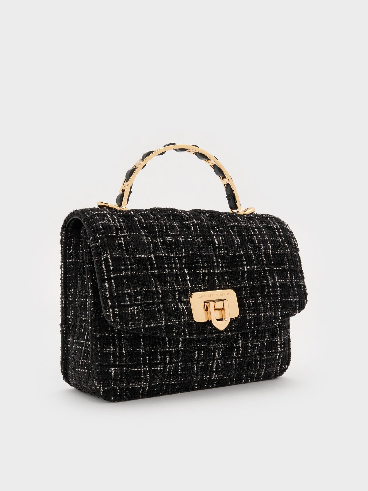 CHARLES & KEITH Popular | Cressida Tweed Quilted Top Handle Bag - Black Tweed