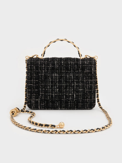 CHARLES & KEITH Popular | Cressida Tweed Quilted Top Handle Bag - Black Tweed