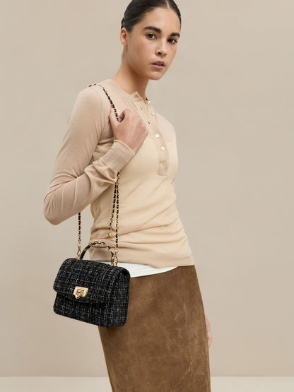 CHARLES & KEITH Popular | Cressida Tweed Quilted Top Handle Bag - Black Tweed