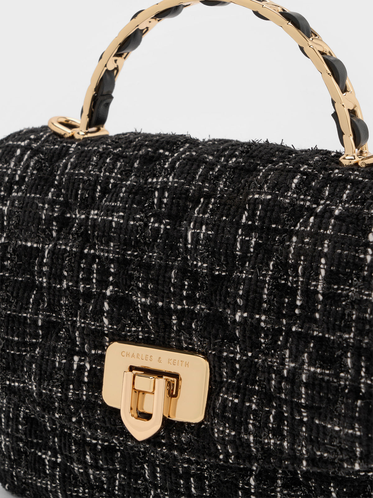 CHARLES & KEITH Popular | Cressida Tweed Quilted Top Handle Bag - Black Tweed