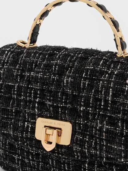 CHARLES & KEITH Popular | Cressida Tweed Quilted Top Handle Bag - Black Tweed