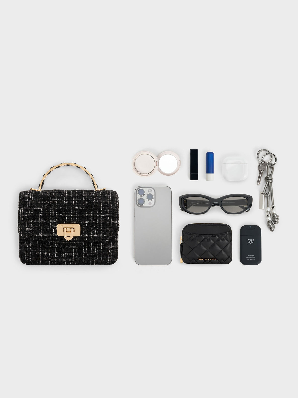CHARLES & KEITH Popular | Cressida Tweed Quilted Top Handle Bag - Black Tweed