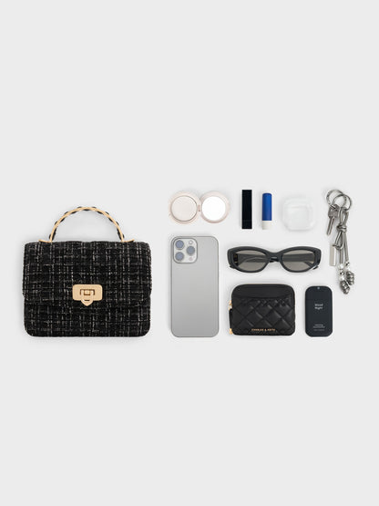 CHARLES & KEITH Popular | Cressida Tweed Quilted Top Handle Bag - Black Tweed