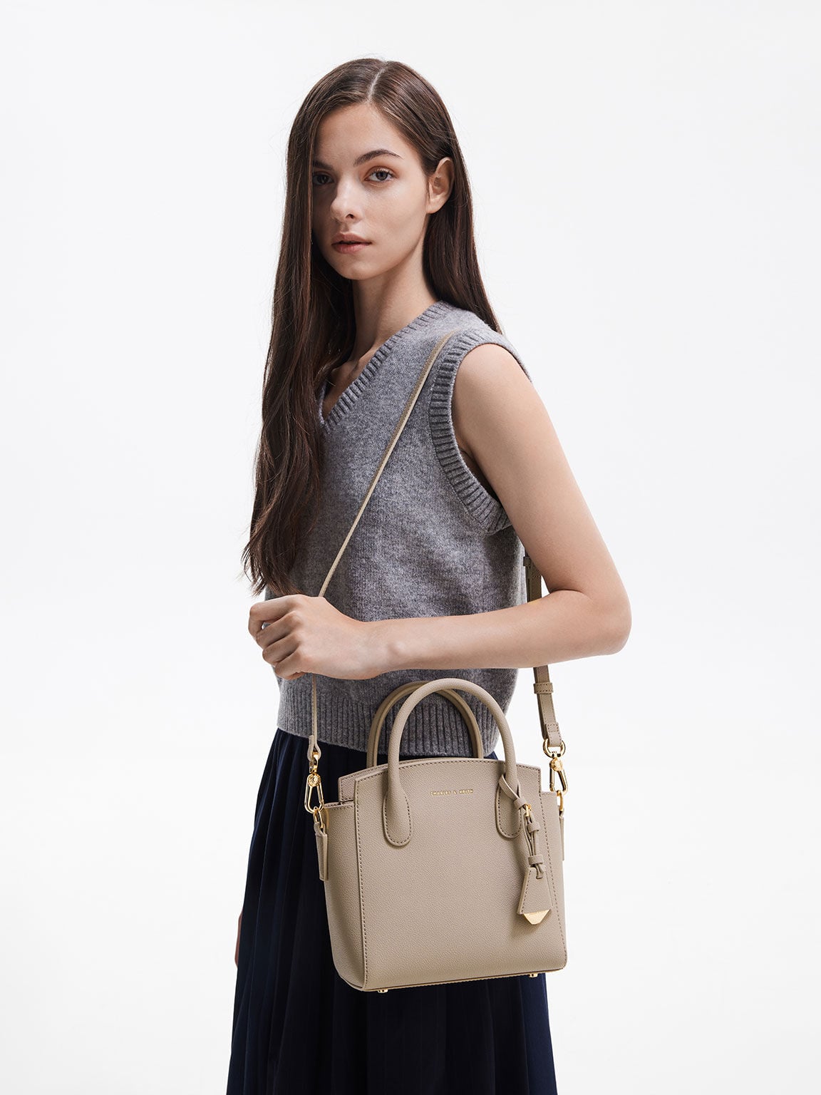 CHARLES & KEITH Latest | Harper Structured Top Handle Bag - Taupe