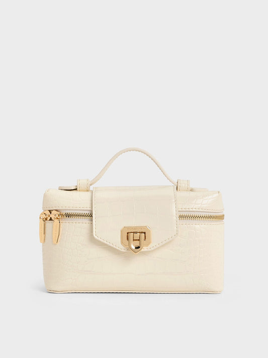 CHARLES & KEITH Essential | Arwen Croc-Effect Top Handle Vanity Bag - Cream