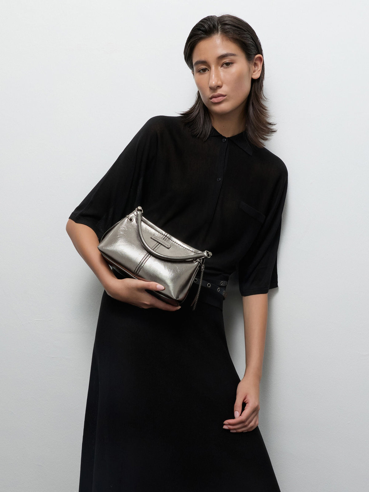 CHARLES & KEITH Recommended | Noane Metallic Top Handle Bag - Pewter