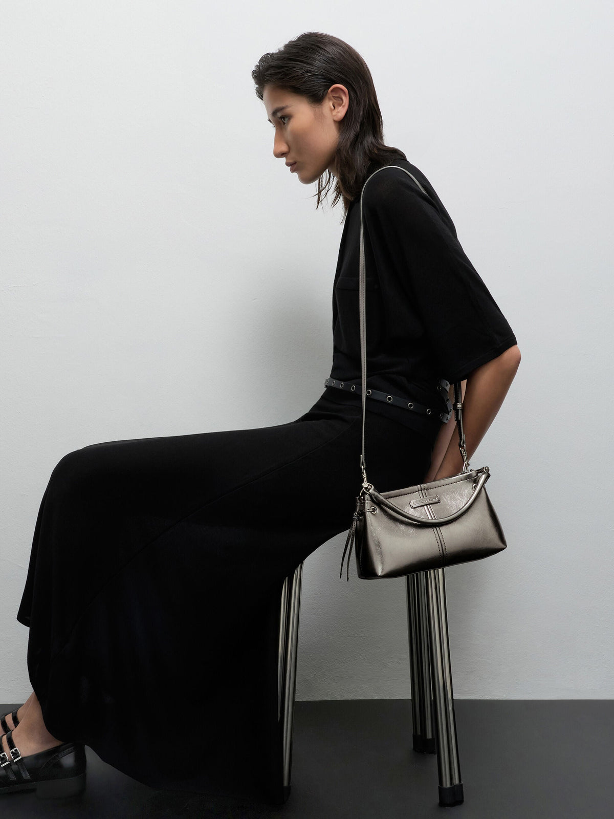 CHARLES & KEITH Recommended | Noane Metallic Top Handle Bag - Pewter