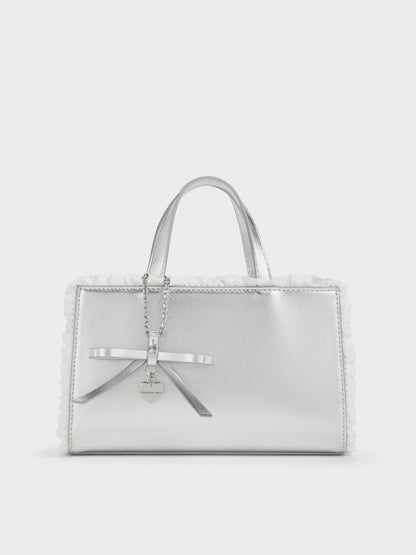 CHARLES & KEITH Recommended | Raina Metallic Lace-Trim Tote Bag - Silver