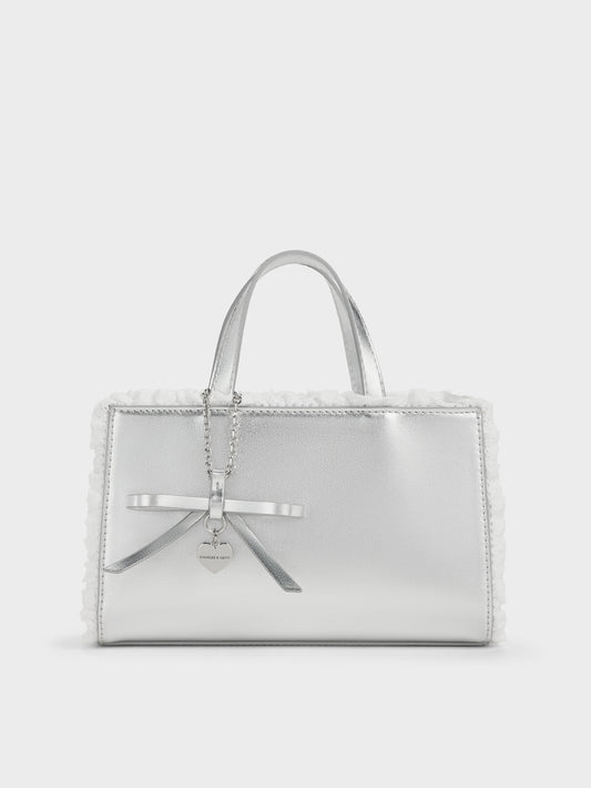 CHARLES & KEITH Recommended | Raina Metallic Lace-Trim Tote Bag - Silver