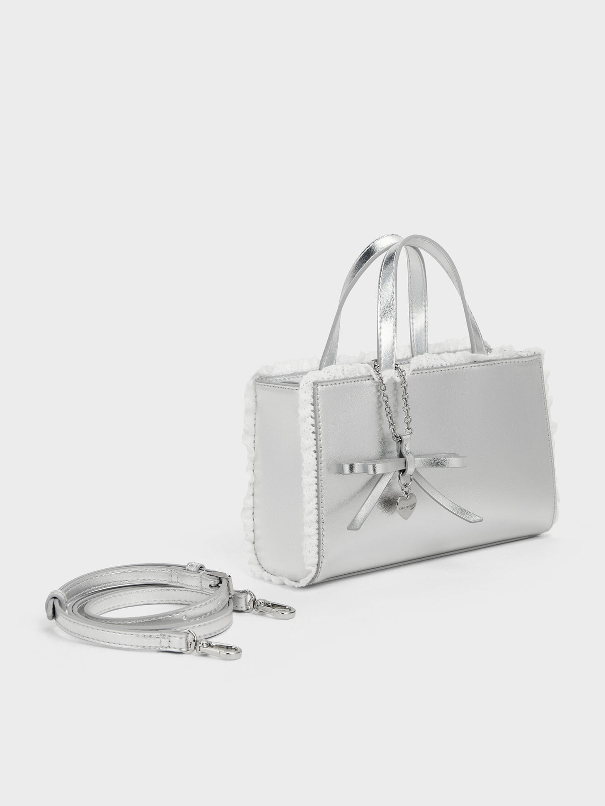 CHARLES & KEITH Recommended | Raina Metallic Lace-Trim Tote Bag - Silver
