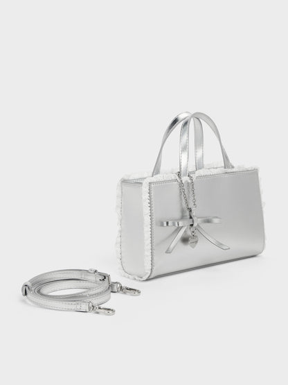 CHARLES & KEITH Recommended | Raina Metallic Lace-Trim Tote Bag - Silver