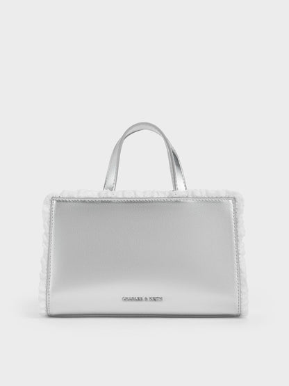 CHARLES & KEITH Recommended | Raina Metallic Lace-Trim Tote Bag - Silver