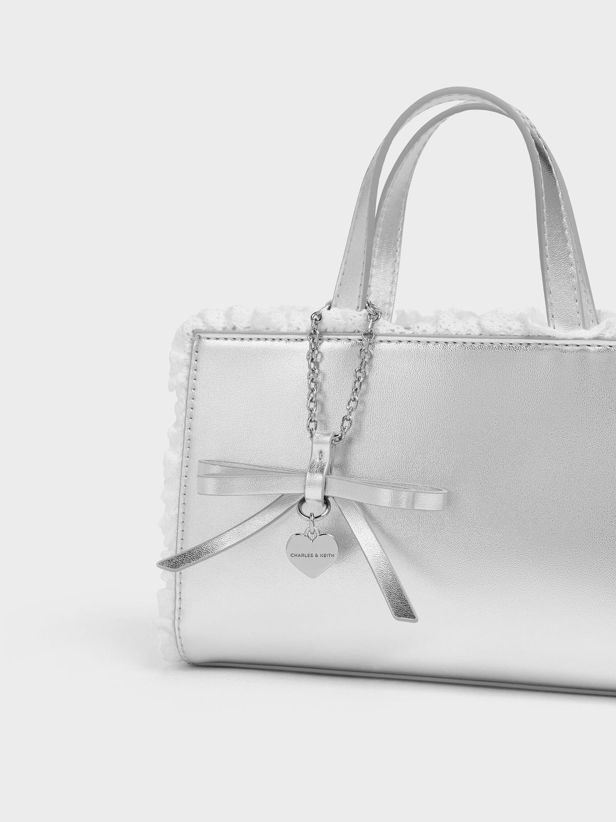 CHARLES & KEITH Recommended | Raina Metallic Lace-Trim Tote Bag - Silver