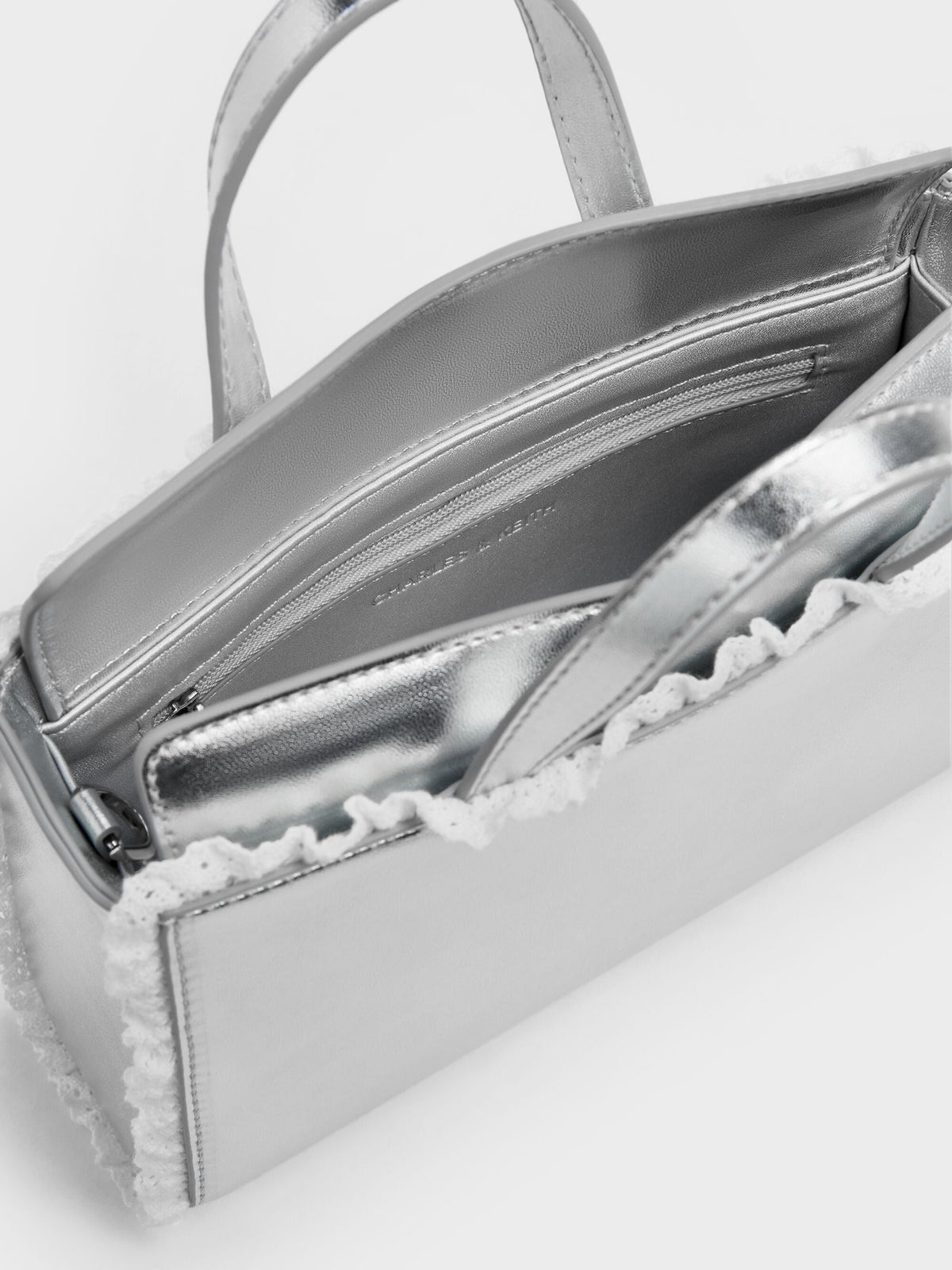 CHARLES & KEITH Recommended | Raina Metallic Lace-Trim Tote Bag - Silver