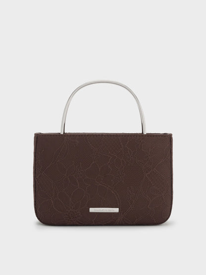 CHARLES & KEITH Recommended | Jennis Lace & Satin Top Handle Bag - Dark Brown Textured
