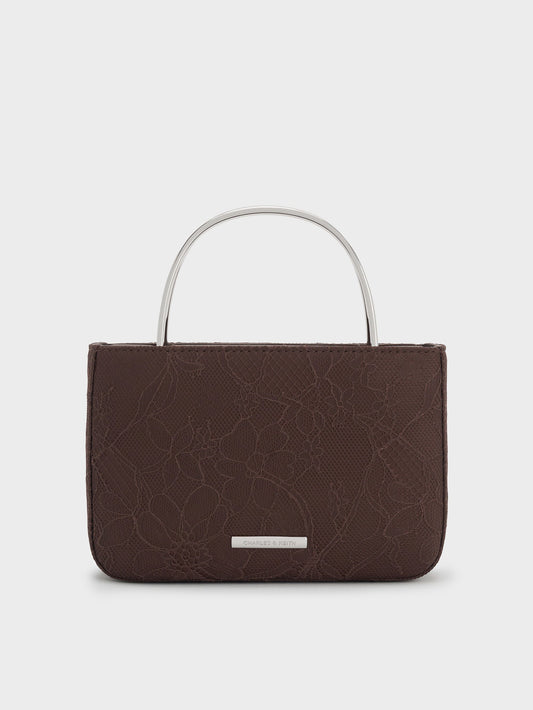 CHARLES & KEITH Recommended | Jennis Lace & Satin Top Handle Bag - Dark Brown Textured