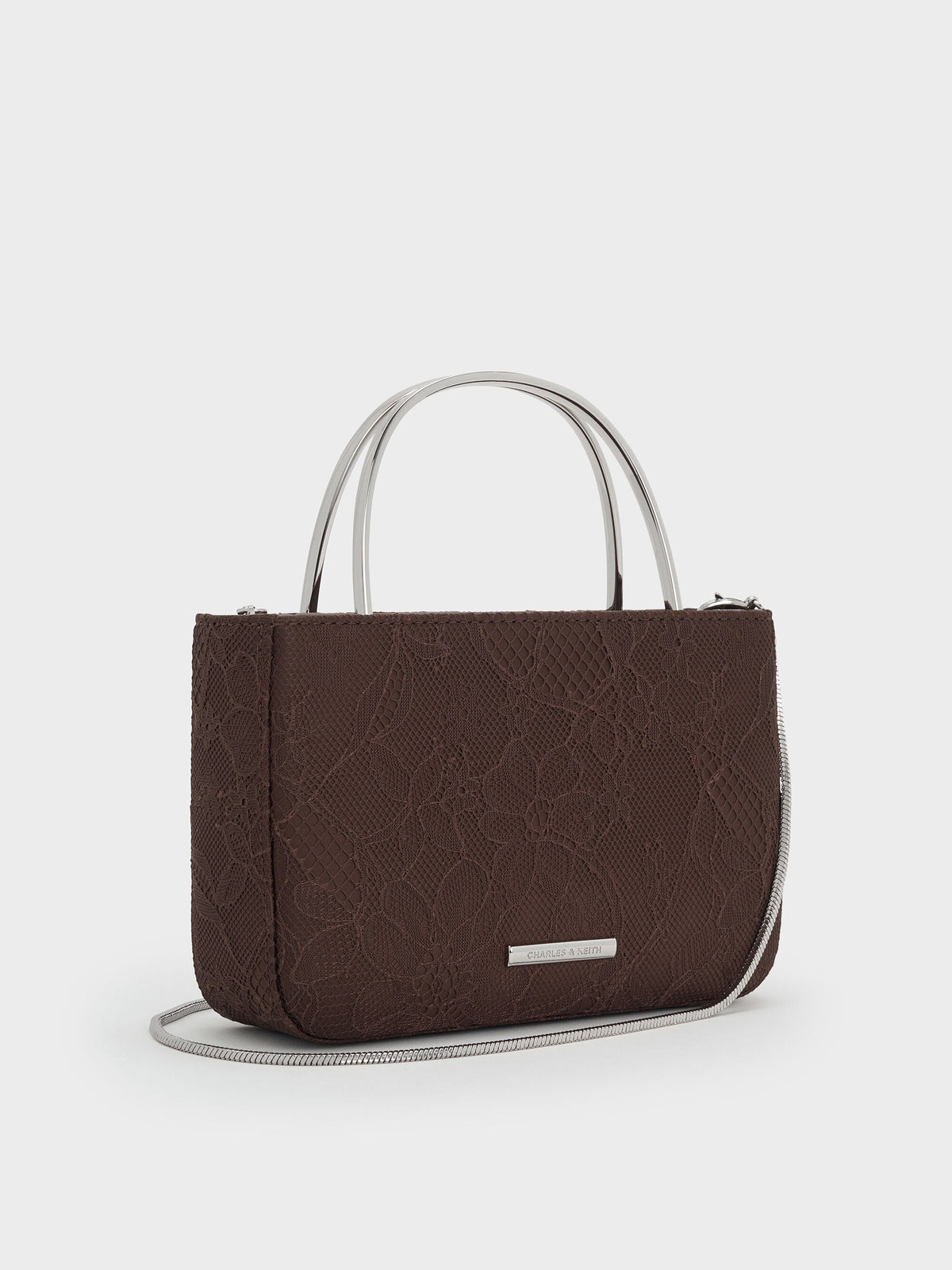 CHARLES & KEITH Recommended | Jennis Lace & Satin Top Handle Bag - Dark Brown Textured