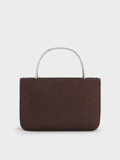 CHARLES & KEITH Recommended | Jennis Lace & Satin Top Handle Bag - Dark Brown Textured