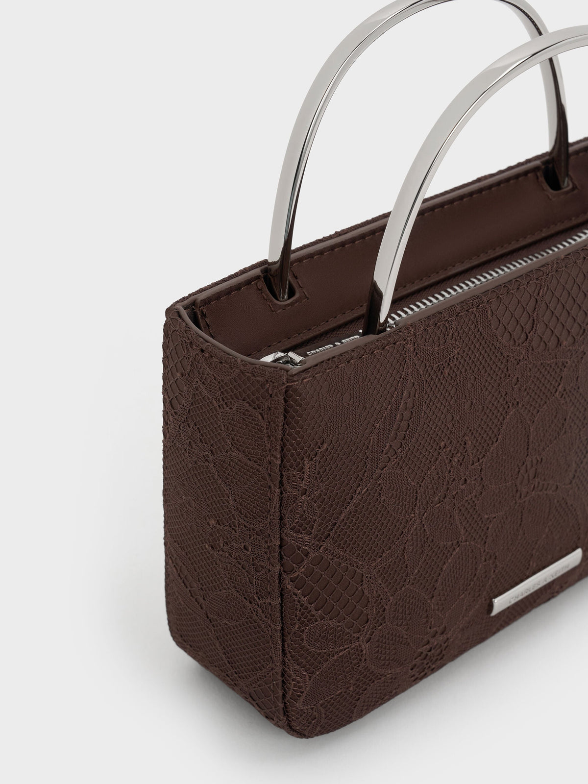 CHARLES & KEITH Recommended | Jennis Lace & Satin Top Handle Bag - Dark Brown Textured