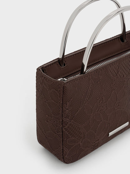 CHARLES & KEITH Recommended | Jennis Lace & Satin Top Handle Bag - Dark Brown Textured