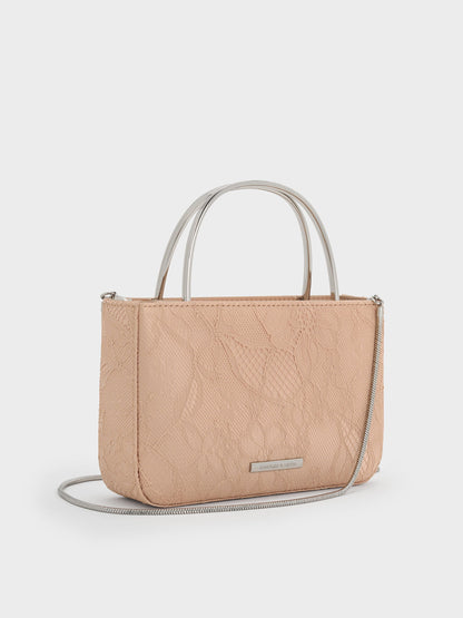 CHARLES & KEITH Sale | Jennis Lace & Satin Top Handle Bag - Nude Textured