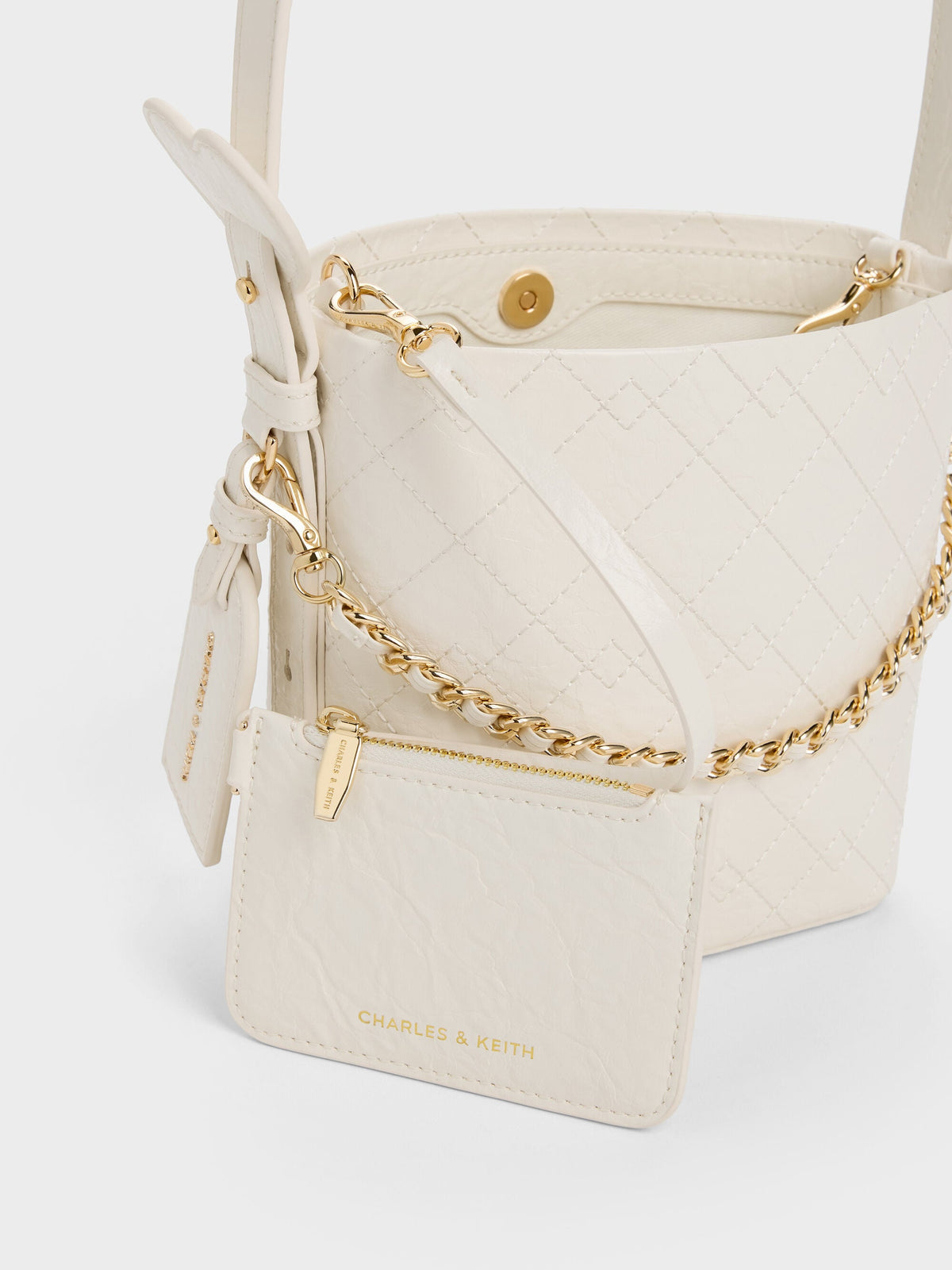 CHARLES & KEITH Sale | Duo Quilted Chain Bucket Bag - Cream