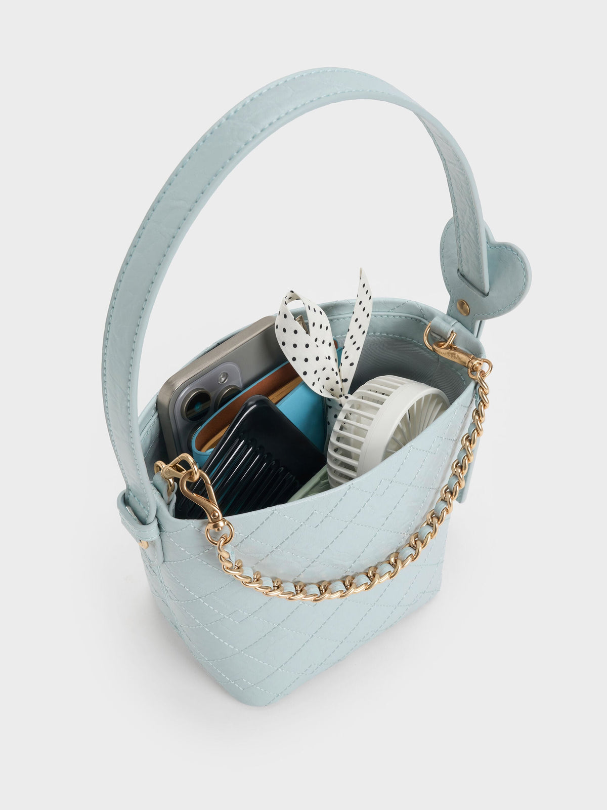 CHARLES & KEITH Latest | Duo Quilted Chain Bucket Bag - Sea Salt Blue