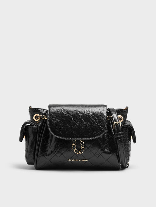 CHARLES & KEITH Sale | Duo Quilted Two-Way Front Flap Backpack - Black