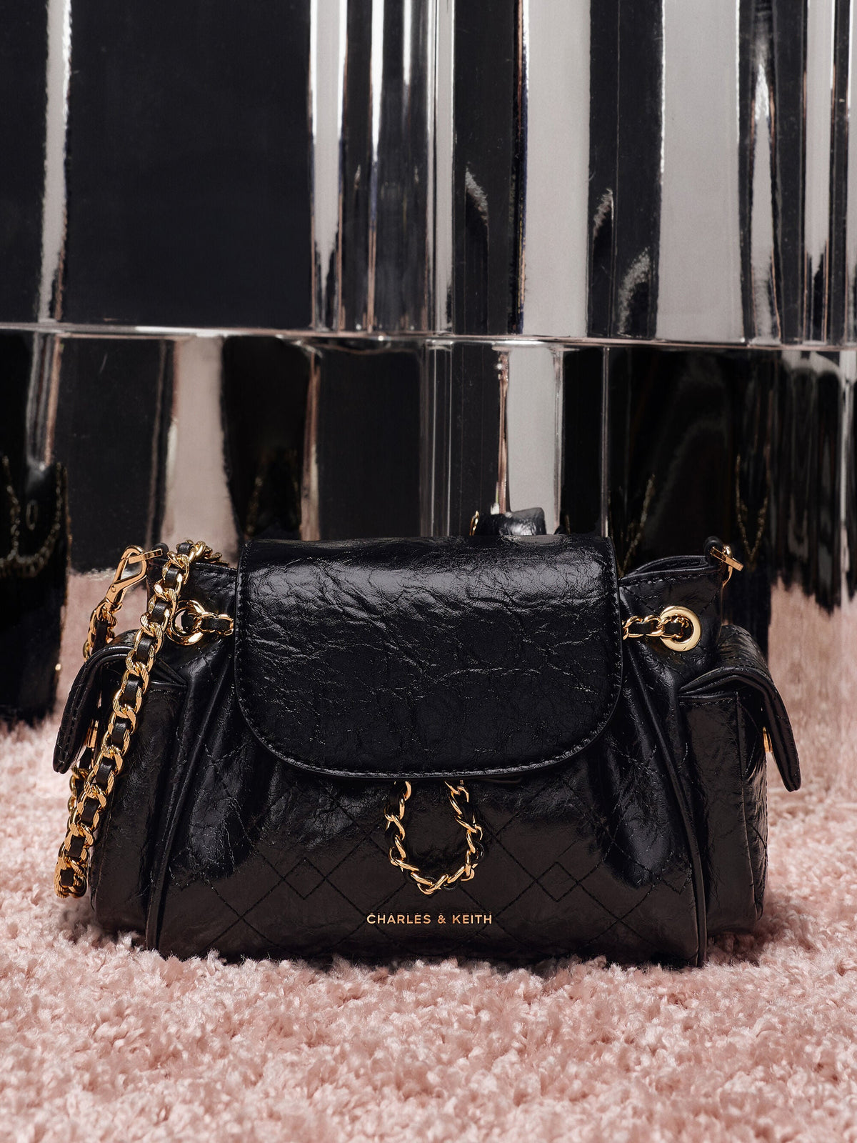 CHARLES & KEITH Sale | Duo Quilted Two-Way Front Flap Backpack - Black