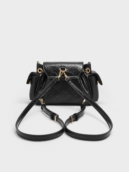 CHARLES & KEITH Sale | Duo Quilted Two-Way Front Flap Backpack - Black