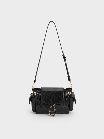 CHARLES & KEITH Sale | Duo Quilted Two-Way Front Flap Backpack - Black