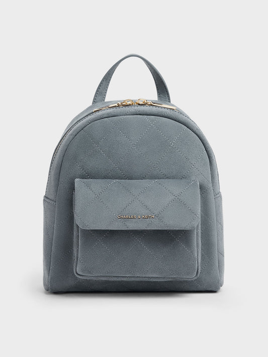 CHARLES & KEITH Latest | Alva Quilted Front-Pocket Backpack - Smoky Blue