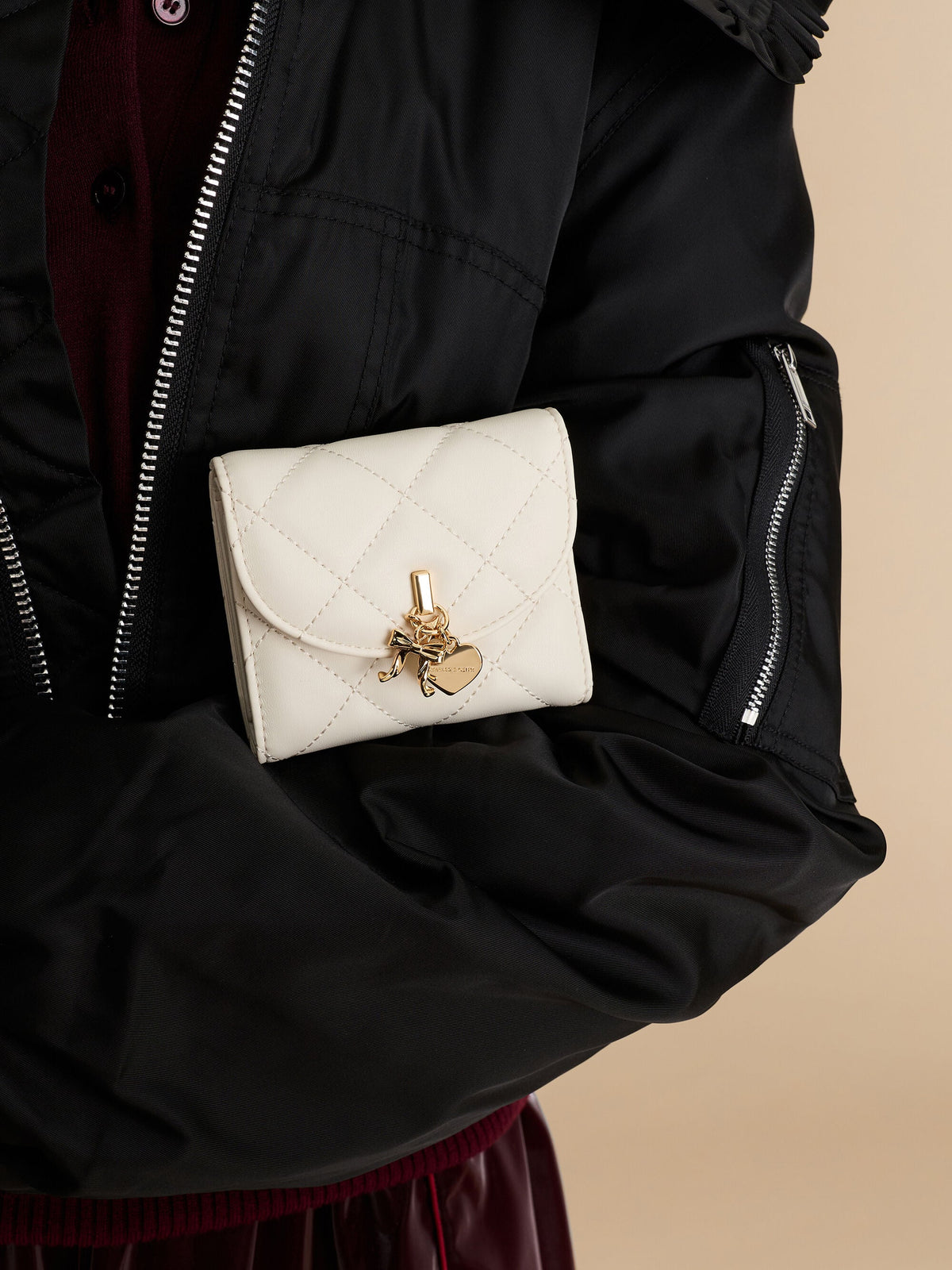 CHARLES & KEITH Classic | Arrietty Quilted Curved-Flap Wallet - Cream