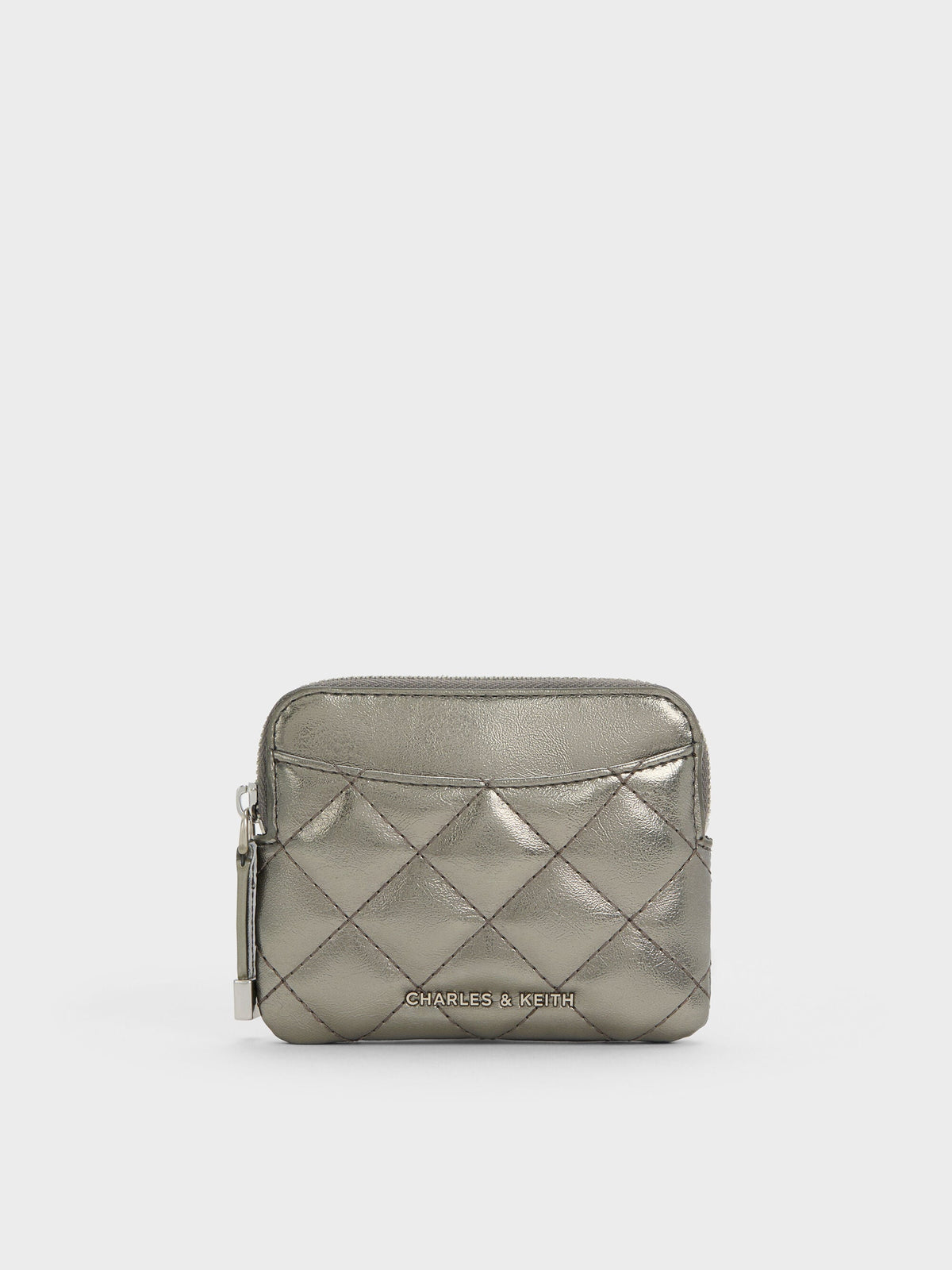 CHARLES & KEITH Signature | Alva Metallic Quilted Top-Zip Card Holder - Pewter