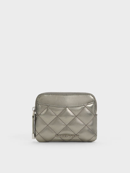 CHARLES & KEITH Signature | Alva Metallic Quilted Top-Zip Card Holder - Pewter
