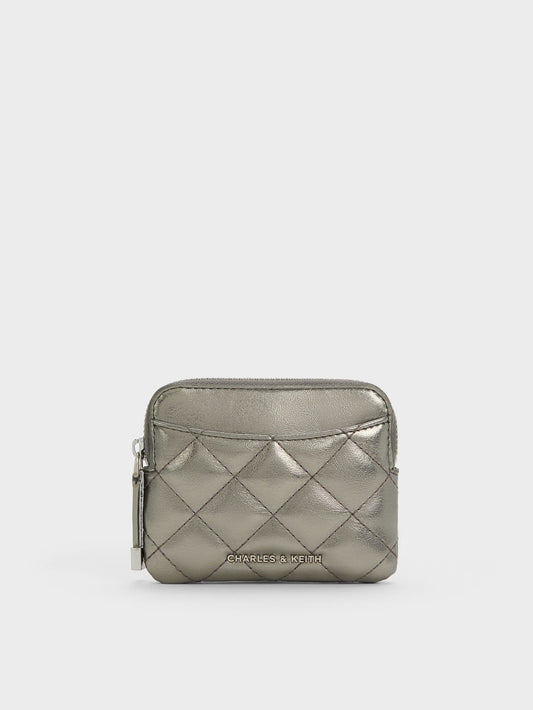 CHARLES & KEITH Signature | Alva Metallic Quilted Top-Zip Card Holder - Pewter
