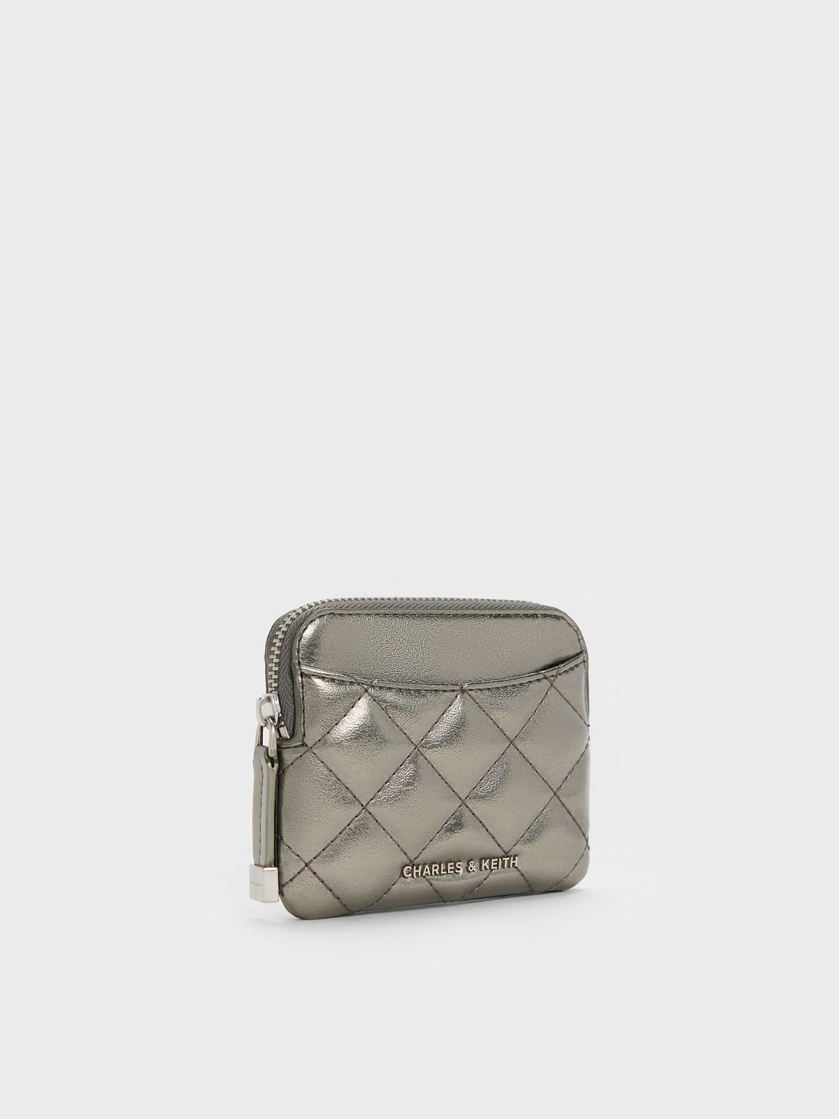 CHARLES & KEITH Signature | Alva Metallic Quilted Top-Zip Card Holder - Pewter