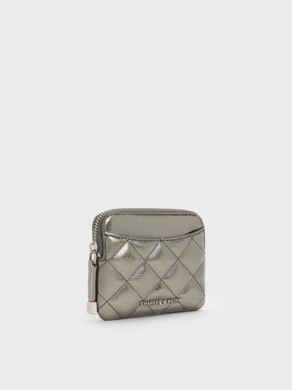 CHARLES & KEITH Signature | Alva Metallic Quilted Top-Zip Card Holder - Pewter