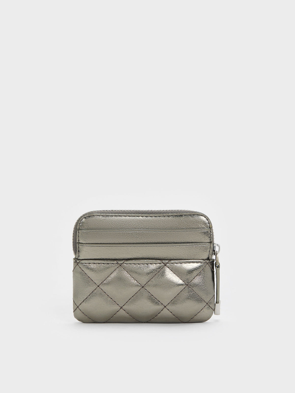 CHARLES & KEITH Signature | Alva Metallic Quilted Top-Zip Card Holder - Pewter
