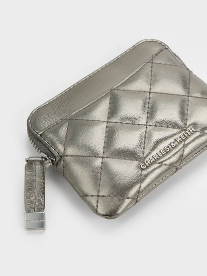 CHARLES & KEITH Signature | Alva Metallic Quilted Top-Zip Card Holder - Pewter