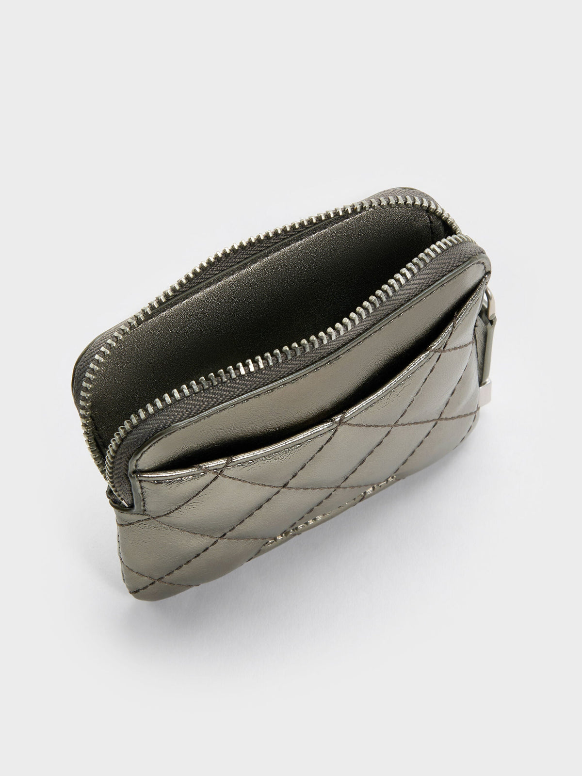 CHARLES & KEITH Signature | Alva Metallic Quilted Top-Zip Card Holder - Pewter