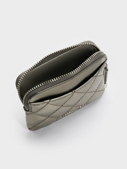 CHARLES & KEITH Signature | Alva Metallic Quilted Top-Zip Card Holder - Pewter